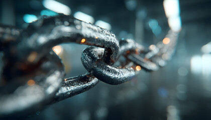 Abstract transparent chain symbolizing blockchain connection and digital trust concept in futuristic office environment representing secure business networks and technology collaboration