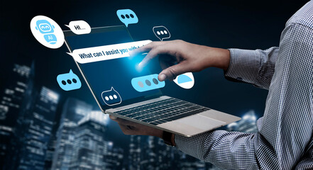 A person engages with an AI-driven virtual chat on their laptop, set against a glowing urban night backdrop, showcasing the future of digital communication and tech interaction. Gantry