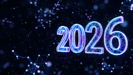 Neon blue digital wireframe network forming the number 2026 on dark background