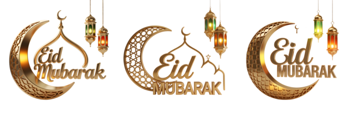 Golden eid mubarak crescent moons and lanterns isolated on transparent background
