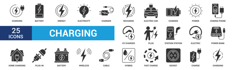 Charging icon set. Containing charge, battery, energy, electricity, charger, recharge, electric car and charging station icons. Glyph icon collection. Vector illustration.