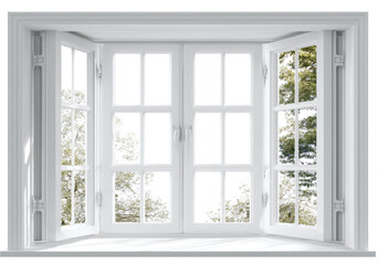 Fototapeta premium Detailed rendering of a bright white, multi-pane window, open to reveal a glimpse of the outdoors with trees and natural light.