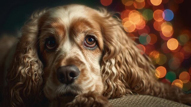 A dog is laying on a couch with its head down. The dog has a sad expression on its face. Cocker Spaniel soft focus portrait with warm holiday colors