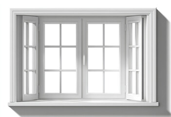 Obraz premium Detailed rendering of a classic white window with multiple panes, open sashes, a sill, and elegant molding, capturing a realistic architectural design.