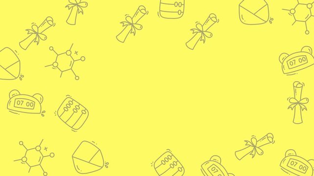 Yellow Background with Doodle Art of School Supplies and Graduation Scrolls.