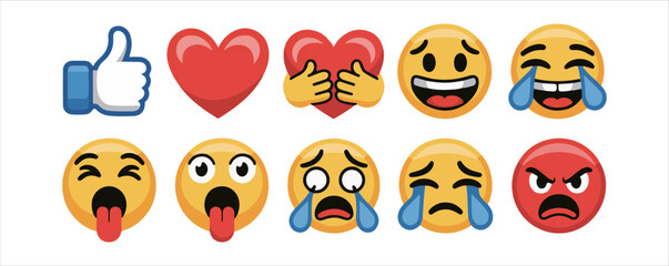 Set of popular emoji reactions vector illustration, emoticons collection for social media feedback