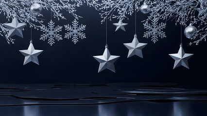 Silver Star Christmas Ornaments Hanging on Dark Winter Background