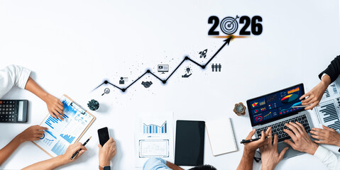 A modern office setting showcasing teamwork and collaboration, featuring charts and graphs, highlighting business growth strategies and future predictions for success. Trope