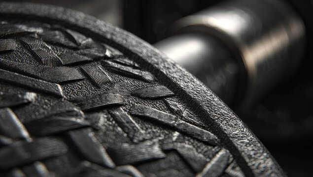 A textured black rubber surface featuring a woven pattern and metal element