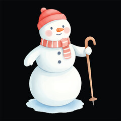 Cute Snowman Mountain Climber Watercolor, Isolated on White Background, Vector Illustration
