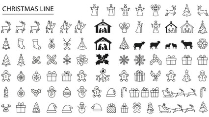 Fototapeta premium Christmas Line Art Icons Featuring Nativity Scene Angels Reindeer and Ornaments Keywords: Christmas, line art, icons, nativity