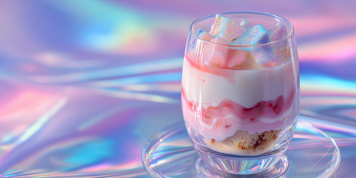 panoramic macro shot of futuristic parfait with transparent nano-glass cup