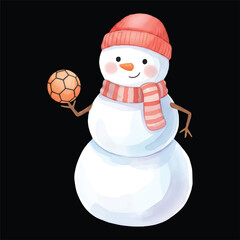 Cute Snowman Handball Player Watercolor, Isolated on White Background, Vector Illustration
