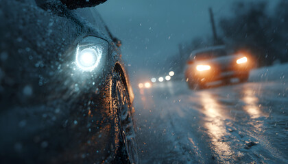 Car headlights illuminate a wet icy road during a winter snowfall. Driving is hazardous with slippery conditions after freezing rain. Traveling safely is key.