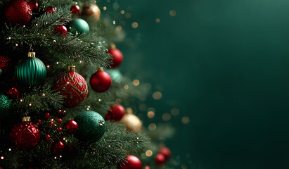 A green Christmas tree silhouette adorned with red green and gold baubles sits on a matching green background