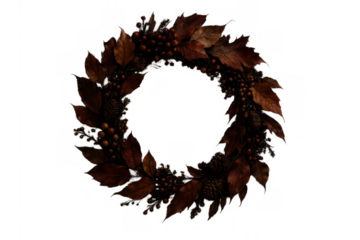 Autumn fall wreath decoration with brown leaves, berries, and pinecones, celebrating seasonal harvest and thanksgiving