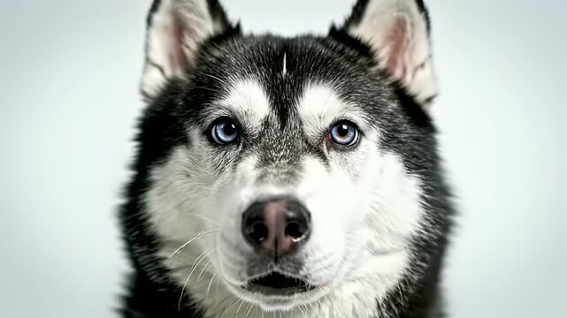 Intense canine portrait capturing the unique feature of piercing blue eyes in extreme close up, conveying connection and trust between species, suitable for commercial uses such as animal.