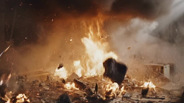 Retro television set explodes amidst smoky backdrop, transforming into fiery debris. capturing the concept of destruction and chaos in a dramatic sequence.