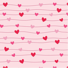 Horizontal Valentine Heart Line Pattern with Cute Scattered Pink and Red Hearts
