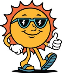 Cool smiling sun cartoon character wearing sunglasses, spreading a fun summer mood vector art and illustration 