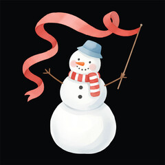 Cute Snowman Rhythmic Gymnast Watercolor, Isolated on Black Background, Vector Illustration
