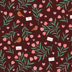 Cute Botanical Valentine Pattern with Birds, Hearts, Flowers and Love Letters