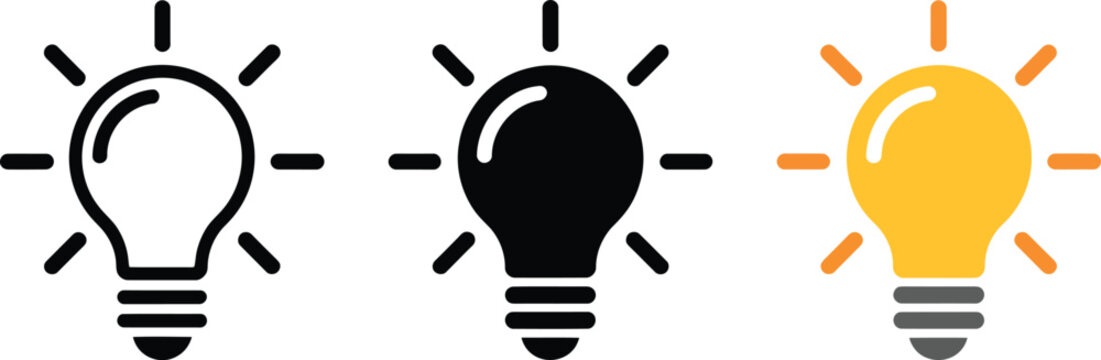 Electric lightbulb symbol collection displaying power inspiration illumination discovery outline silhouette flat vector.
