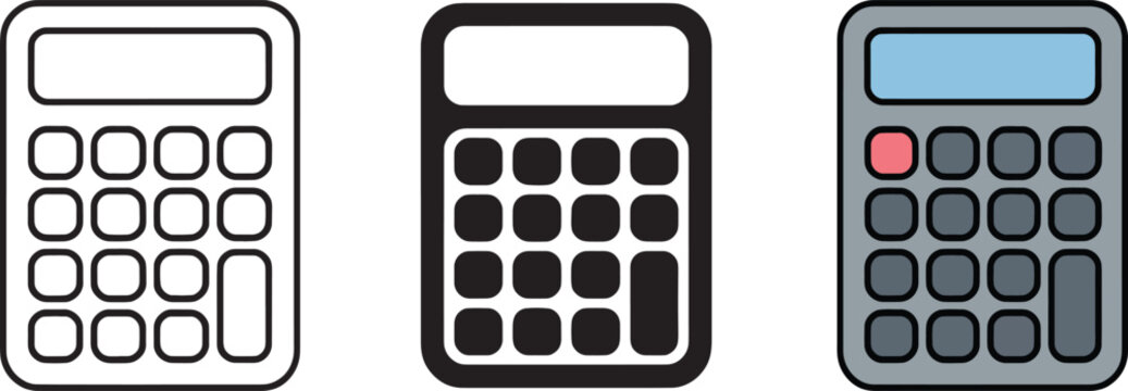 Electronic calculator icon set showing calculation device mathematics accounting outline silhouette flat styles vector.