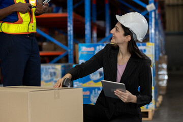 Female warehouse supervisor scanning package barcode with handheld scanner while using tablet for inventory tracking. Concept of smart logistics, digital warehouse management and supply chain