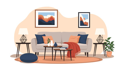 Fototapeta premium Modern and cozy living room interior with a comfortable sofa, coffee table, house plants, and stylish decorations for home decor.