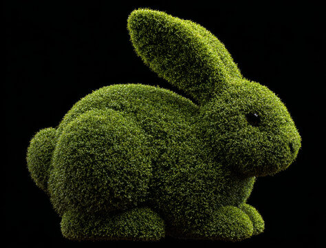 Detailed topiary bunny sculpture with textured green foliage, crafted in a garden style, featuring a dark background