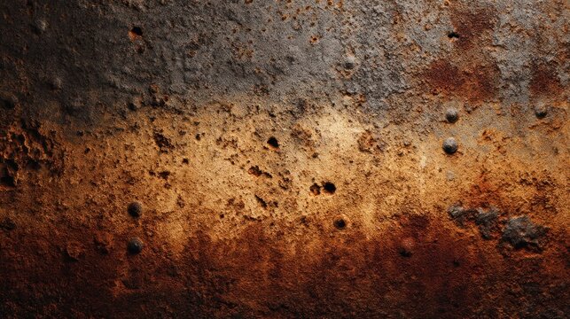 A rusted metal surface with rivets and rust stains, featuring a mix of dark and light brown hues, 