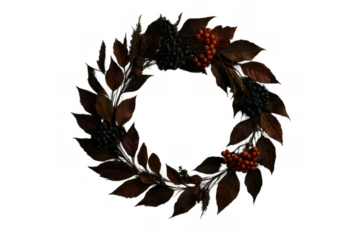 Autumn wreath with berries and fall leaves creating seasonal decoration for harvest and thanksgiving celebration