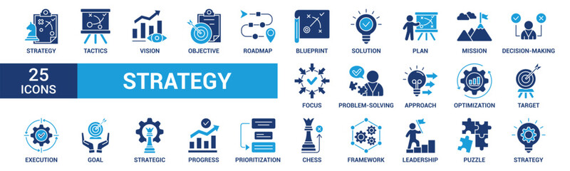 Strategy icon set. Containing goal, tactics, vision, plan, objective, roadmap, problem-solving, mission, solution and execution. Solid vector icons collection.