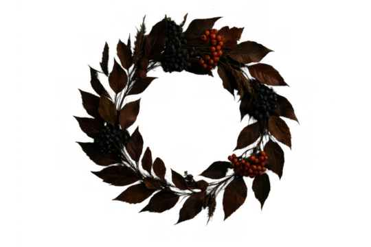 Autumn wreath with berries and fall leaves creating seasonal decoration for harvest and thanksgiving celebration - Powered by Adobe