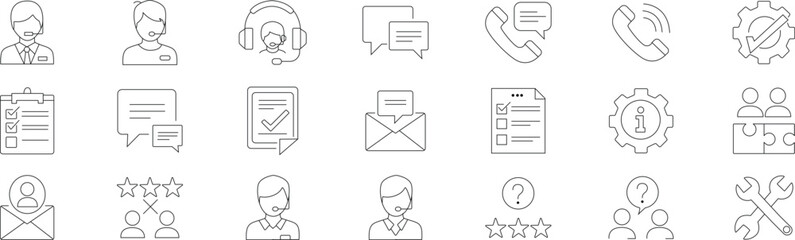 Customer Support Line Icons Set &ndash; Call Center, Communication, Service Tools, Feedback & Assistance Outline Icon Pack