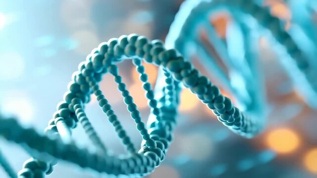 Blue deoxyribonucleic acid molecule rotating on a blurred background. 3d rendering for microbiology, genetics, or scientific research