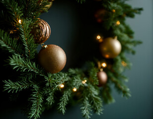 Elegant Christmas wreath close-up with gold baubles and warm lights on a dark background. Festive luxury holiday decoration.