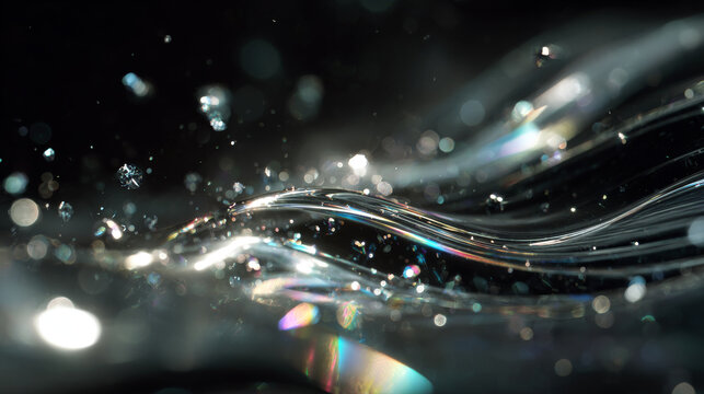 Abstract cgi render of flowing, iridescent liquid with sparkling particles and dynamic lighting on a dark backdrop