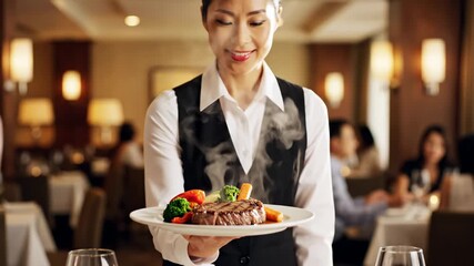 Smiling waitress serves gourmet steak dinner in elegant restaurant setting. capturing the essence of fine dining and attentive service.