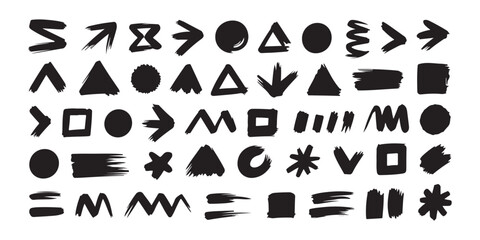 Set of 49 hand-drawn shapes and arrows. Abstract scribble brush strokes, grunge ink design elements isolated on white background