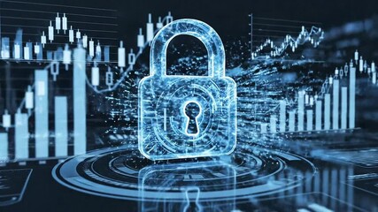 Digital padlock symbolizing cybersecurity and data protection against a backdrop of financial charts and graphs.