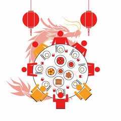 Stylized illustration of a Chinese New Year family dinner with people gathered around a table, featuring a dragon and traditional lanterns.