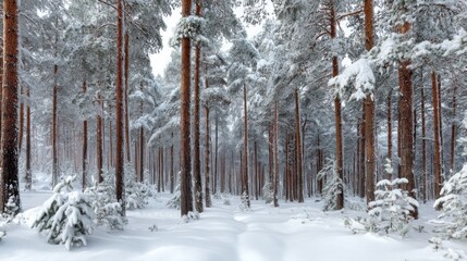 Snow-covered pine trees in a forest, with snowflakes falling and a soft, diffused light illuminating the scene.