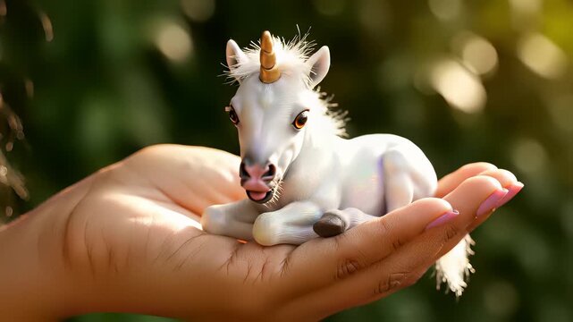 Miniature White Equine Friends Swaying in Hand, Illustrating Fantasy World Concepts of Childhood Wonder, Perfect for Childrens Storybook Backgrounds or Educational Content Presentations.