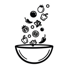 Outline of Bowl with Falling Vegetables and Circles food, cooking, ingredients