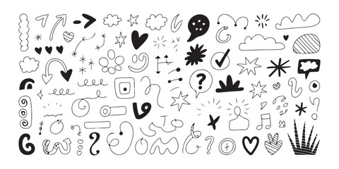 Set of hand-drawn vector doodle elements including arrows, frames, and speech bubbles, isolated on white background