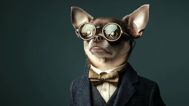 Funny and intelligent chihuahua wearing a formal suit, bow tie, and vintage glasses. The small dog has an intellectual and serious look