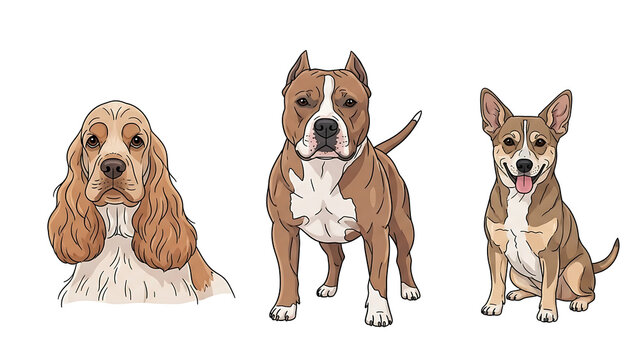 Dog Breed Vector Set &ndash; American Cocker Spaniel, American Pitbull Terrier, and Aspin Dog on White Background