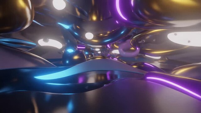 Abstract 3d render of shiny metallic shapes and torus in tunnel